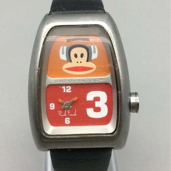 Paul Frank Julius Monkey Watch Stainless Steel 31mm Black Leather New Battery - Picture 1 of 15